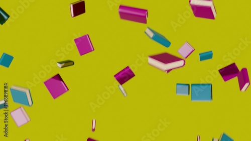 3d books floating down from above, on a solid colour background