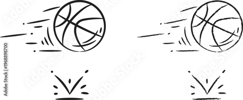 Hand drawn basketballs with motion lines and bounce effect doodle vector