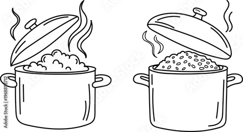 Hand drawn pots with steaming rice isolated on white background
