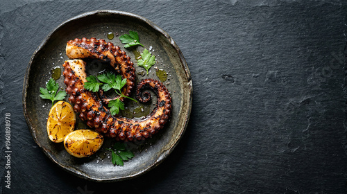 Top view of a grilled octopus tentacle with charred edges, served on a dark plate with lemon and parsley. Gourmet food photography on dark slate background with copy space