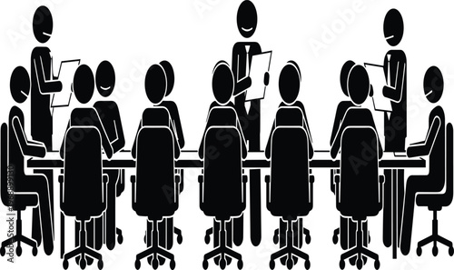 Business meeting silhouettes, teamwork discussion, corporate conference, group presentation, professional collaboration, office environment, 