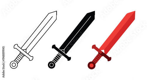 Three distinct sword icons in outline, black, and red styles representing medieval weaponry and fantasy combat