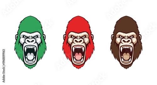 Three aggressive gorilla heads in green, red, and brown colors with open mouths and fierce expressions