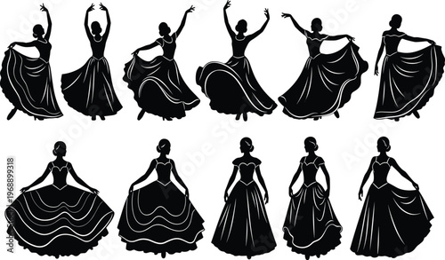 Dance silhouettes, women in flowing dresses, graceful poses, elegant stances, swirling skirts, expressive movement, artistic illustration, performance posture, beauty diversity, motion