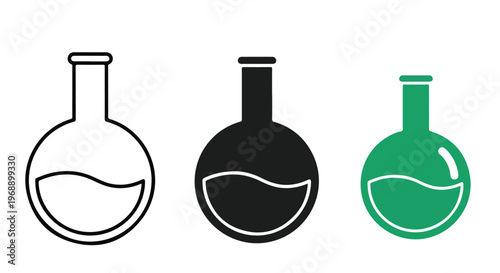 Three round bottom laboratory flasks with liquid inside, presented in outline, solid black, and green fill styles