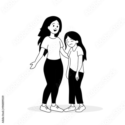 Illustration of a mother or psychologist supporting a teenage girl in adolescence. Concept of emotional difficulties, transition, mental health and emotional support. Suitable for parenting, psycholog