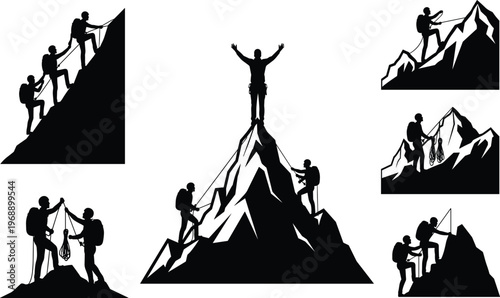 Mountain climber silhouettes, teamwork climbing, peak achievement, outdoor adventure, perseverance illustration, hiking posture, success concept, rope climbing, nature exploration, determination