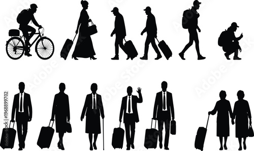 Silhouette travelers walking, business people with luggage, diverse motion travel activities, backpackers, cane users, teamwork, inclusive journey, commuting lifestyle