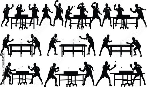Table tennis silhouettes, ping pong players, serving motion, rally action, sports illustration, athletic posture, competitive game, indoor activity, dynamic movement, coordination