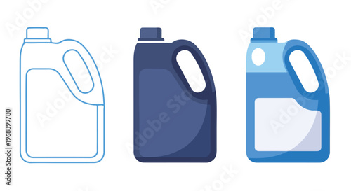 Three different plastic containers with handles for liquids, including a line drawing and two colored versions
