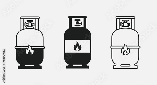 Set of three stylized propane gas cylinders with flame icons, representing energy and fuel, isolated on a light
