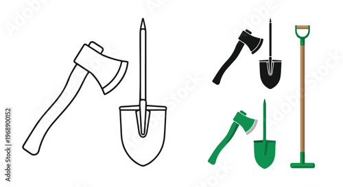 Collection of gardening and landscaping tools including axes and shovels in outline and color illustrations