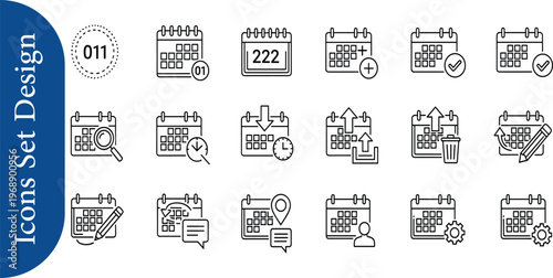 Comprehensive Set of Conceptual Line Icons for Calendar Management, Event Scheduling, and Date Planning Applications – Modern Vector Graphic Elements Collection for Digital Design Projects