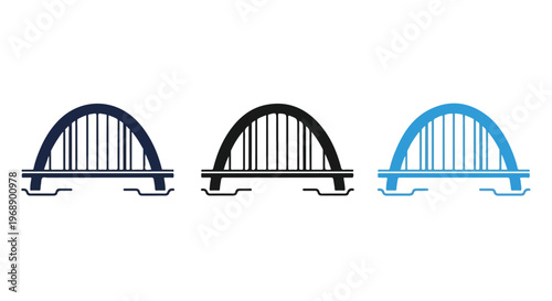Three stylized arch bridges in different colors blue black and light blue over water isolated on white background