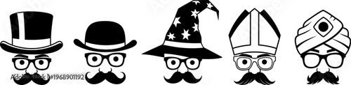 Set of funny faces with hats, mustaches, and glasses in black color for various characters.