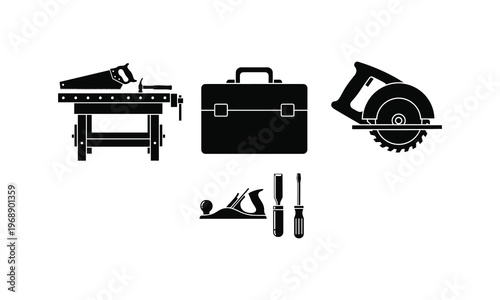 Essential tools for woodworking and carpentry projects displayed in black and white icons