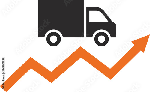 Supply Chain Disruption, Supply chain disruption causes delivery truck demand to rise sharply shown by orange arrow increasing this vector graphic