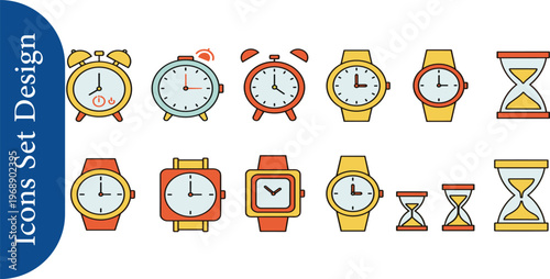 Modern flat line art vector icon set of diverse time-keeping devices, including alarm clocks, wristwatches, and hourglasses, ideal for scheduling and time management concepts