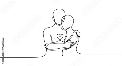 Continuous Line Art Couple Embracing with Heart Symbol, Isolated on White Background, Symbolizing Love