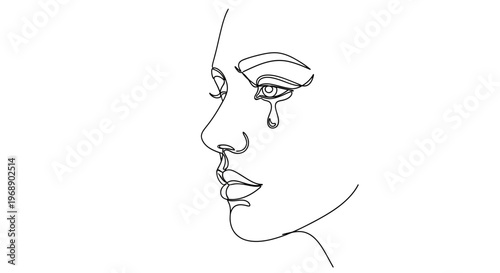 Crying Woman Face Profile with Tear in Minimalist Continuous Line Art Drawing Isolated on White Background
