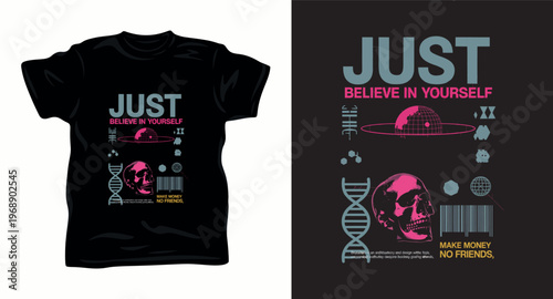 Just believe in yourself skull t shirt design with dna and barcodes.