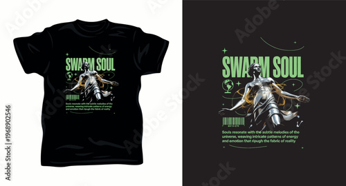 Swarm soul t-shirt design with a metallic statue and glowing energy.