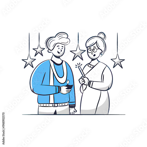 A cartoon illustration of a man and woman standing together with sparkles in the background cartoon vector illustration