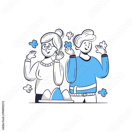 Two cartoon people waving with flowers around them on a black background cartoon vector illustration