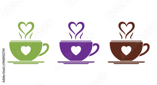Three colorful coffee cups with hearts and steam rising, representing love and warmth in beverages