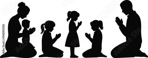 Black Silhouette Set of a Christian Family Praying Together Including Parents and Children Kneeling in Prayer for Religious Faith Devotion and Spirituality Concepts