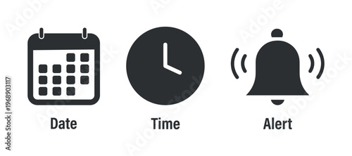 Calendar Clock and Bell Icons Representing Date Time and Alert for Scheduling and NotificationsMinimalist Style