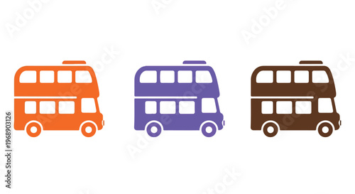 Collection of three colorful double decker bus icons in orange, purple, and brown on a white background