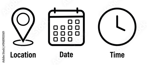 Location Date and Time Icons Representing Planning and Scheduling for Business