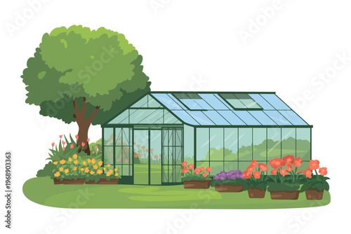 A serene greenhouse surrounded by vibrant flowers and lush greenery in a peaceful garden setting.