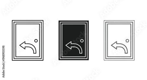 Three different styles of door icons with a leftward arrow indicating direction or exit, presented in outline and solid