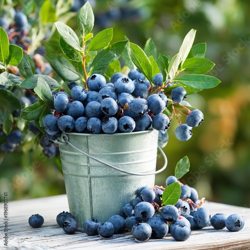 Green bucket brimful with fresh blueberries sits on white wooden table. Ripe berries spill onto surface near blueberry bush under sunny sky. Blue fruits harvested during summer season.