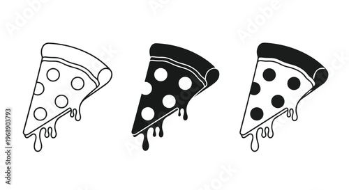 Three slices of pepperoni pizza shown in outline, black and white silhouette with dripping cheese