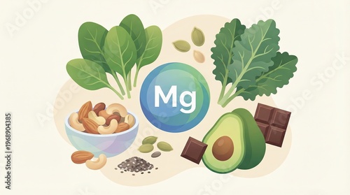 Magnesium - Mg - rich food sources for a healthy diet, featuring spinach, kale, nuts, seeds, avocado, and dark chocolate promoting essential nutrition and wellness