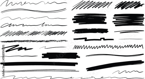 A set of hand drawn vector line art strokes and scribbles in black ink on a white background for design and illustration concept