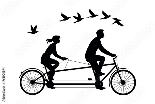 A couple riding a tandem bicycle with birds flying overhead in a serene outdoor setting.