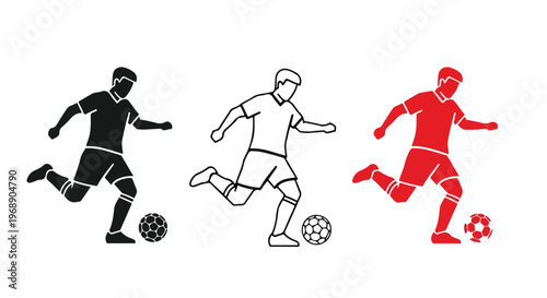 Dynamic silhouette and outline illustrations of soccer players kicking a ball in action poses