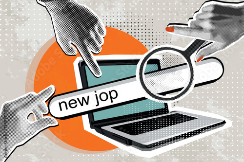 Trendy halftone collage with a hand that holds a magnifying glass. hands pointing on searching new jop on laptop. New Job searching concept.