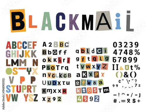 Blackmail Ransom Anonymous Note Font, Cutout Latin Letters and Numbers, Crime Style Typography Set, Newspaper Clipping Alphabet, Vintage Threat Message Design Vector Illustration