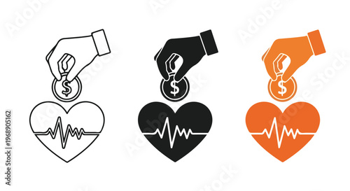 Hands dropping coins into heart shapes with electrocardiogram lines, symbolizing healthcare donations and medical
