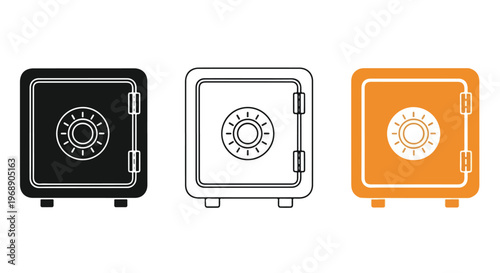 Three different styles of security safes including a black, white outline, and orange design with combination locks