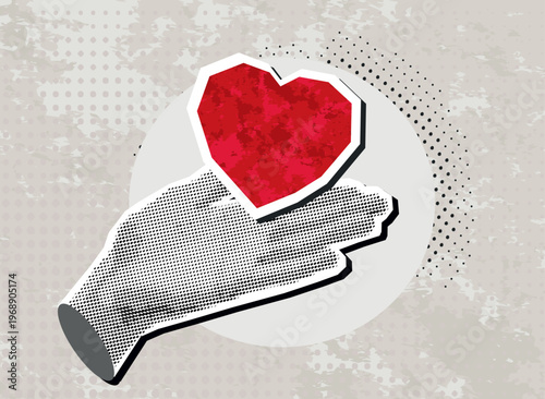 Halftone hand holding heart. Valentines day greeting card. Concept of love, charity, hope. World heart day banner
