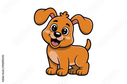 A cheerful cartoon dog with big eyes and floppy ears stands on a white background, looking happy and playful.