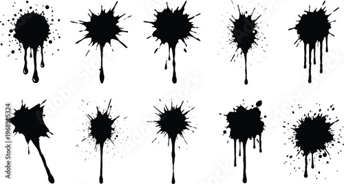 A set of black ink splatters and drips in a vector line art design concept