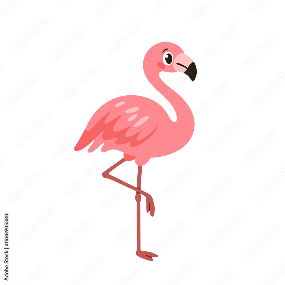 Obraz premium Pink flamingo illustration standing on one leg. Tropical bird with yellow beak and long legs. Cute playful bird character isolated mascot vector design