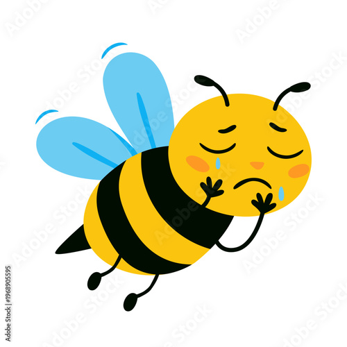 Sad bee illustration flying with tears. Yellow black striped honey bee with blue wings. Crying expression frowning face. Cute bee character isolated mascot design
